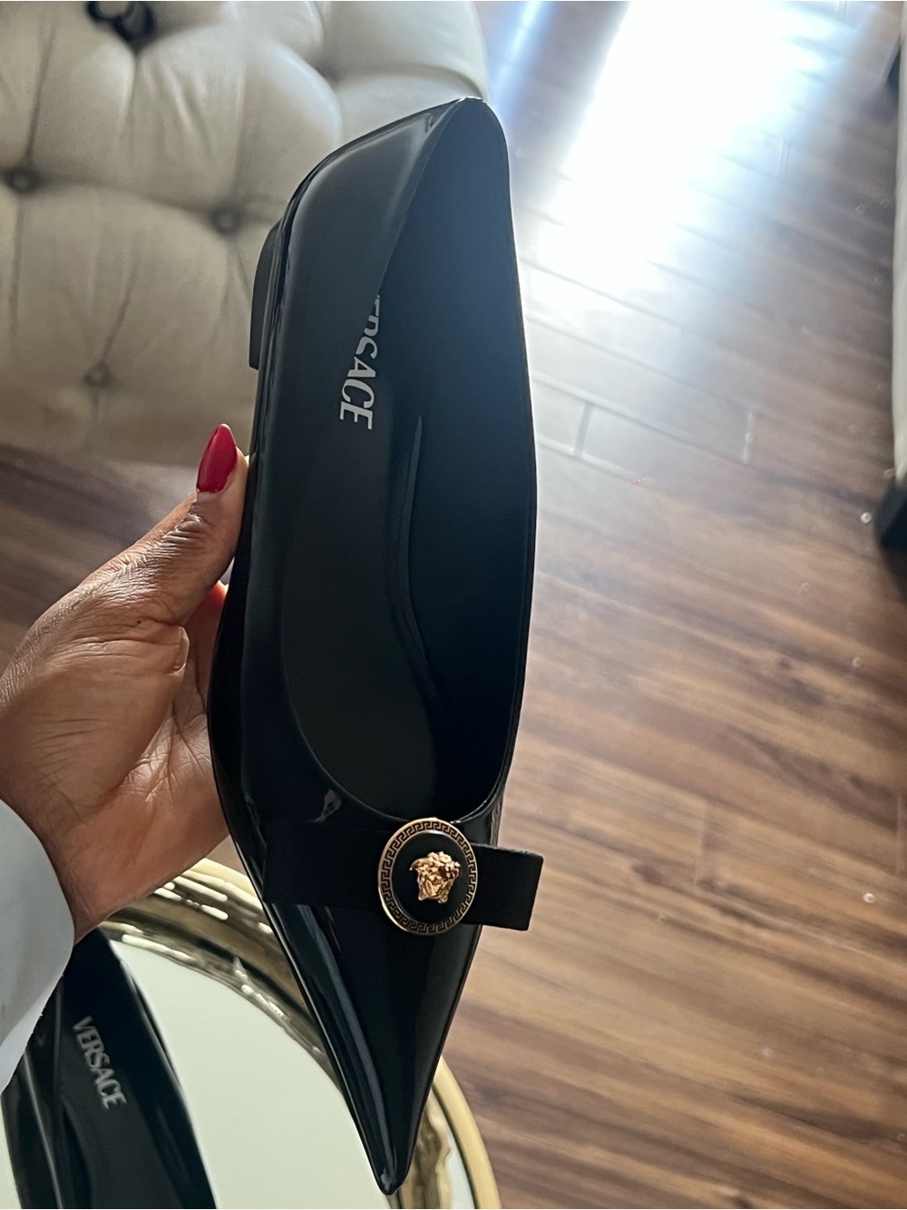 Versace Black Patent Pointed Toe Flats with Gold Medusa Medallion - Picture 11 of 13
